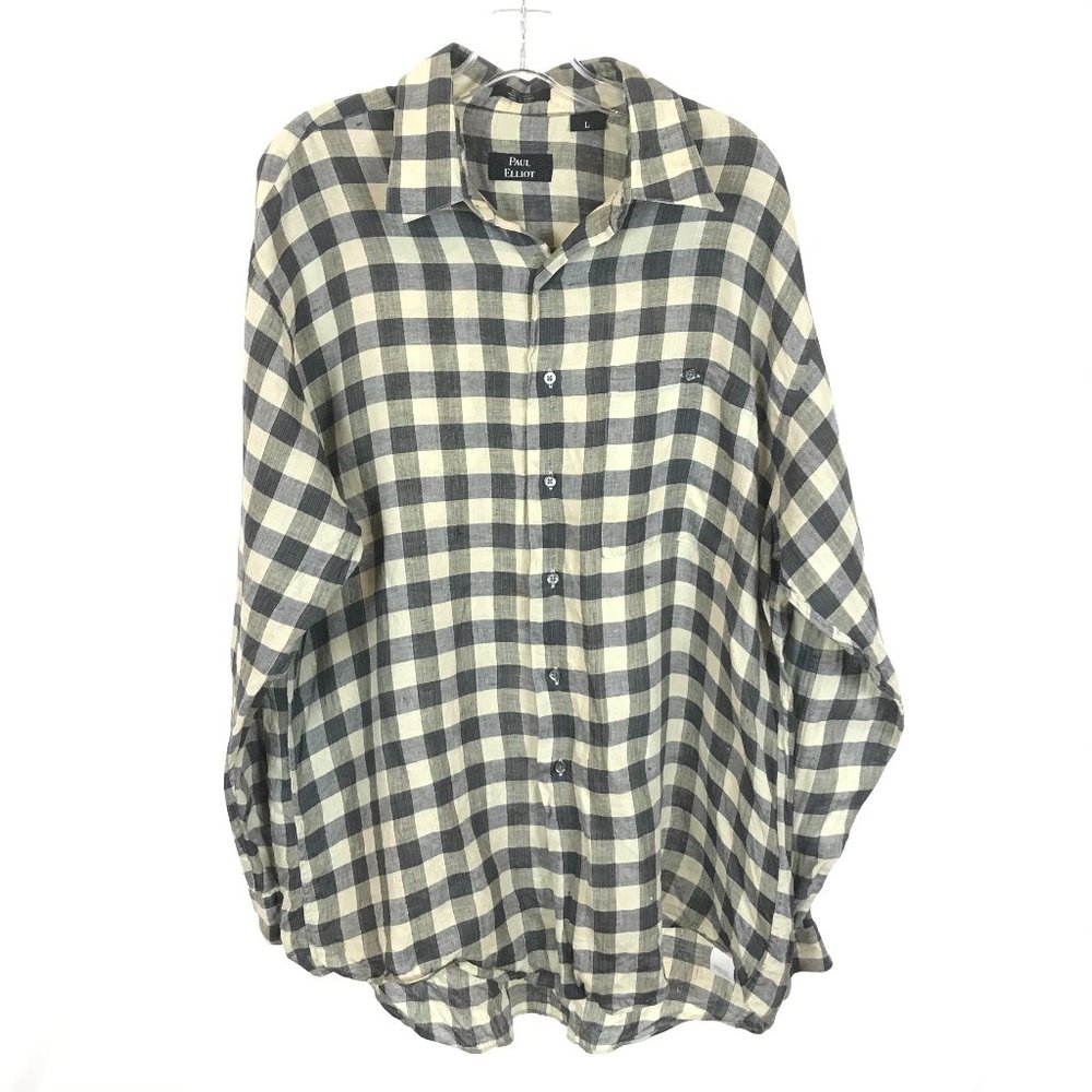 Mens Size Large Paul Elliot Pure Linen Check Pattern Slub Knit Shirt
